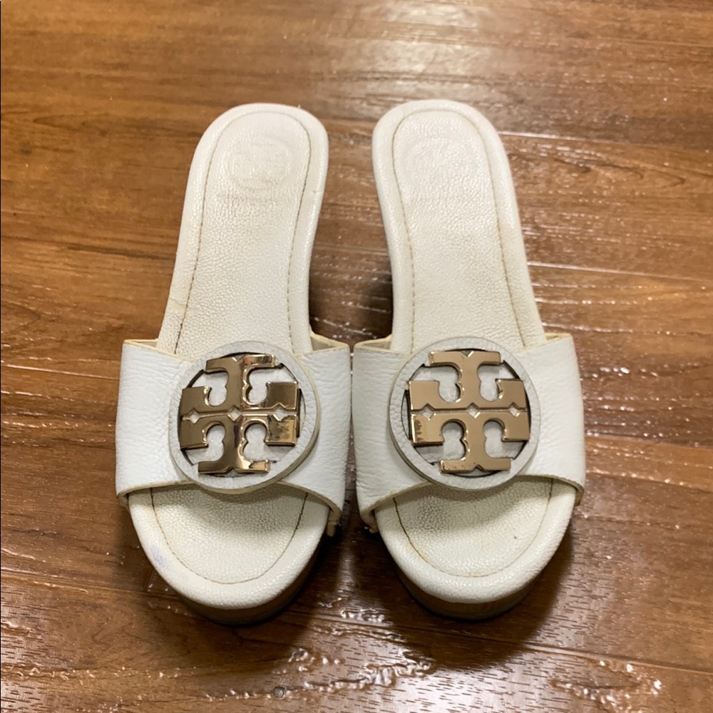 Tory Burch White Slide Sandals with Gold Logo